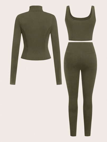 SHEIN EZwear بدلة رياضية مكونة من 3 قطع (جاكيت أخضر عسكري طويل الأكمام مزود بسحاب ، جاكيت وبنطلون جينز) مصنوعة من الأقمشة المحبوكة للنساء