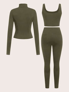 SHEIN EZwear بدلة رياضية مكونة من 3 قطع (جاكيت أخضر عسكري طويل الأكمام مزود بسحاب ، جاكيت وبنطلون جينز) مصنوعة من الأقمشة المحبوكة للنساء
