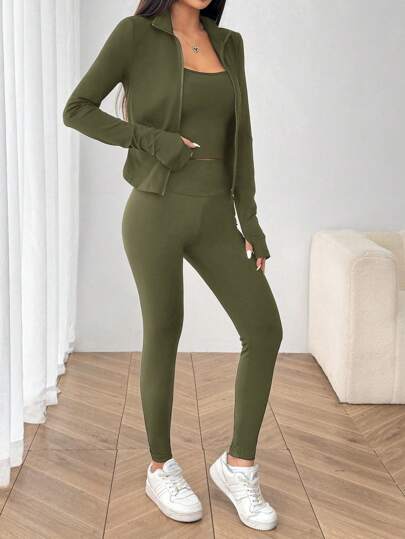 SHEIN EZwear بدلة رياضية مكونة من 3 قطع (جاكيت أخضر عسكري طويل الأكمام مزود بسحاب ، جاكيت وبنطلون جينز) مصنوعة من الأقمشة المحبوكة للنساء