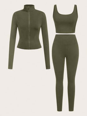 SHEIN EZwear بدلة رياضية مكونة من 3 قطع (جاكيت أخضر عسكري طويل الأكمام مزود بسحاب ، جاكيت وبنطلون جينز) مصنوعة من الأقمشة المحبوكة للنساء