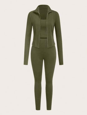 SHEIN EZwear بدلة رياضية مكونة من 3 قطع (جاكيت أخضر عسكري طويل الأكمام مزود بسحاب ، جاكيت وبنطلون جينز) مصنوعة من الأقمشة المحبوكة للنساء