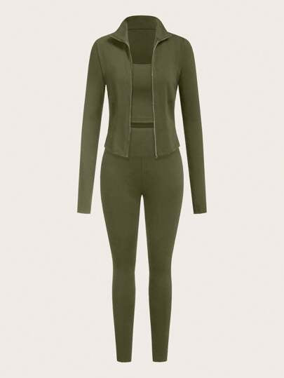 SHEIN EZwear بدلة رياضية مكونة من 3 قطع (جاكيت أخضر عسكري طويل الأكمام مزود بسحاب ، جاكيت وبنطلون جينز) مصنوعة من الأقمشة المحبوكة للنساء