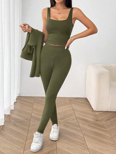 SHEIN EZwear بدلة رياضية مكونة من 3 قطع (جاكيت أخضر عسكري طويل الأكمام مزود بسحاب ، جاكيت وبنطلون جينز) مصنوعة من الأقمشة المحبوكة للنساء