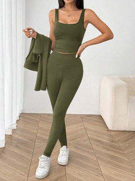 SHEIN EZwear بدلة رياضية مكونة من 3 قطع (جاكيت أخضر عسكري طويل الأكمام مزود بسحاب ، جاكيت وبنطلون جينز) مصنوعة من الأقمشة المحبوكة للنساء