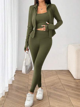SHEIN EZwear بدلة رياضية مكونة من 3 قطع (جاكيت أخضر عسكري طويل الأكمام مزود بسحاب ، جاكيت وبنطلون جينز) مصنوعة من الأقمشة المحبوكة للنساء