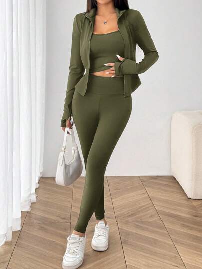 SHEIN EZwear بدلة رياضية مكونة من 3 قطع (جاكيت أخضر عسكري طويل الأكمام مزود بسحاب ، جاكيت وبنطلون جينز) مصنوعة من الأقمشة المحبوكة للنساء