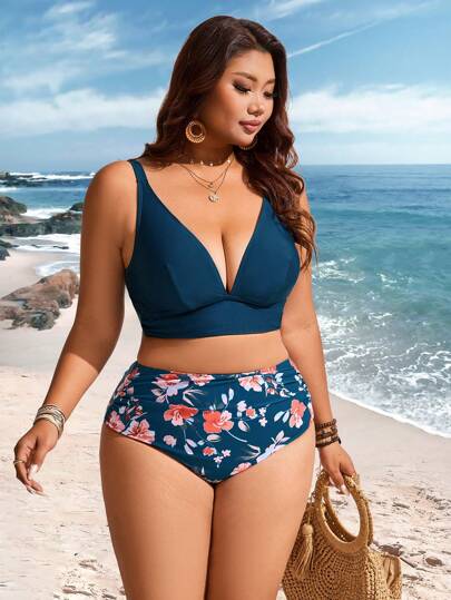 Swim Lushoire بكيني علوي بظهر مفتوح بنقشة أزهار دقيقة مقاسات كبيرة