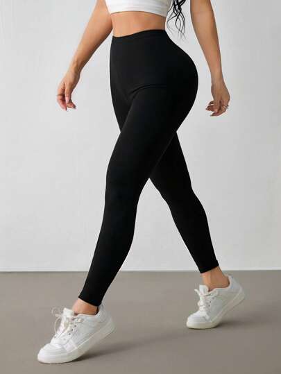 SHEIN PETITE بنطلون رياضي كاجوال مرتفع الخصر مطاطي أحادي اللون للسيدات