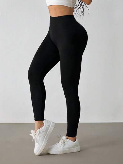 SHEIN PETITE بنطلون رياضي كاجوال مرتفع الخصر مطاطي أحادي اللون للسيدات