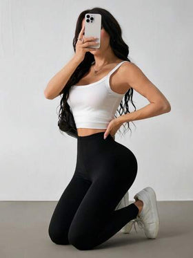 SHEIN PETITE بنطلون رياضي كاجوال مرتفع الخصر مطاطي أحادي اللون للسيدات