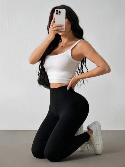 SHEIN PETITE بنطلون رياضي كاجوال مرتفع الخصر مطاطي أحادي اللون للسيدات