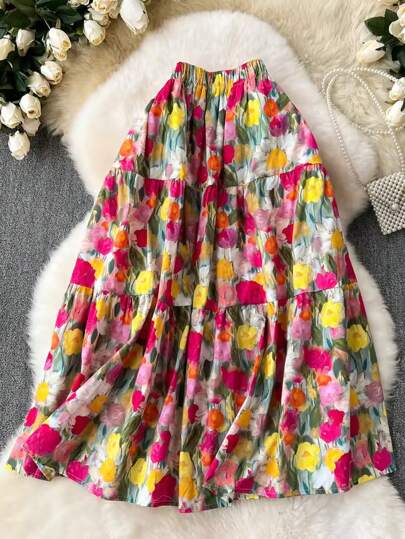 SHEIN VCAY تنورة أنيقة على شكل حرف A ذات طباعة حدائق الزهور الجميلة في أسلوب اللوحة الزيتية للسيدات