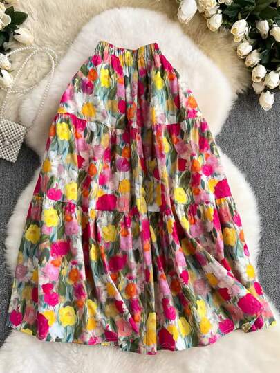SHEIN VCAY تنورة أنيقة على شكل حرف A ذات طباعة حدائق الزهور الجميلة في أسلوب اللوحة الزيتية للسيدات