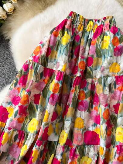 SHEIN VCAY تنورة أنيقة على شكل حرف A ذات طباعة حدائق الزهور الجميلة في أسلوب اللوحة الزيتية للسيدات