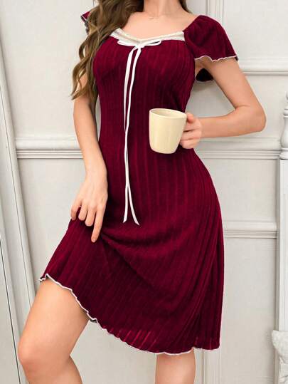 SHEIN ثوب نوم نسائي بياقة طاقم وزينة شريطية فيونكة رفرف، لون أحادي بني، أنيق وكاجوال