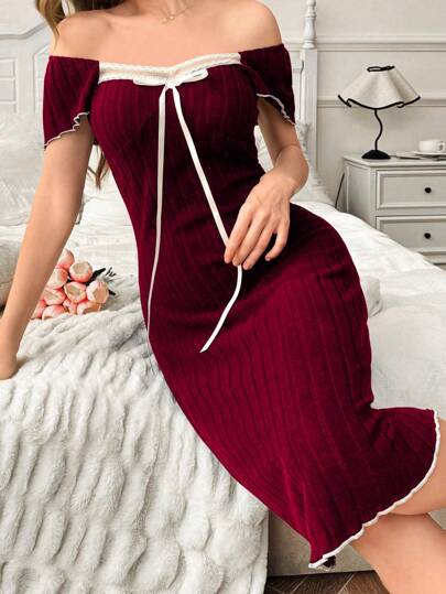 SHEIN ثوب نوم نسائي بياقة طاقم وزينة شريطية فيونكة رفرف، لون أحادي بني، أنيق وكاجوال