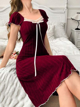 SHEIN ثوب نوم نسائي بياقة طاقم وزينة شريطية فيونكة رفرف، لون أحادي بني، أنيق وكاجوال