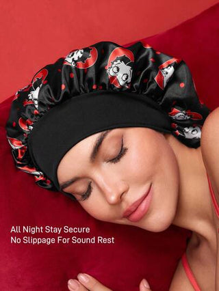Betty Boop x SHEIN القبعة النسائية ذات الطبقتين المزودة المحدّثة، قبعة نوم بنقشة نقاط مطاطية عريضة من القماش الساتان، ناعمة ومريحة للاستخدام اليومي والنوم