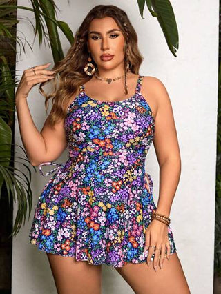 Swim Lushoire ملابس سباحة بكامل الحجم للنساء، بتصميم فستان بقطعتين مع سحّابات ذات حمّالات رفيعة، طبعات زهور ملونة وعقدة على الرقبة الحرف الأمريكي (U) للعطلات والشاطئ