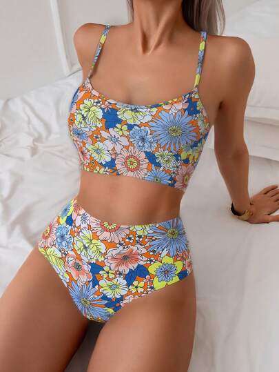 طقم تانكيني حريمي Swim بلوزة بخصر عال نسائية بطبعة زهور للحماية من الشمش على الشاطئ خلال العطلة، قميص حماية