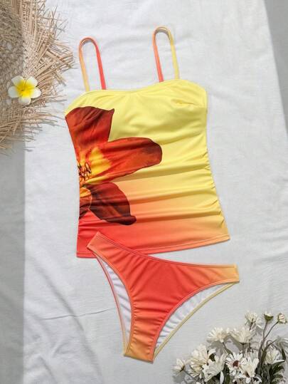 طقم تانكيني حريمي Swim Vcay مجموعة بيكيني وسترة كاجوال مطبوعة بالأزهار للنساء في فصل الصيف مع طباعة متموضعة