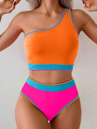 طقم تانكيني حريمي Swim مجموعة من قطعتين بيكيني سباحة ملونة ومثيرة، بخصر عالي وكتف واحد، ملابس سباحة متعددة الألوان