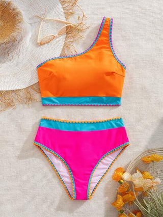 طقم تانكيني حريمي Swim مجموعة من قطعتين بيكيني سباحة ملونة ومثيرة، بخصر عالي وكتف واحد، ملابس سباحة متعددة الألوان