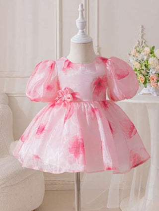 فساتين بيبي Glamorique Kids فستان طفلة رضيع وطفلة صغيرة مطبوع بالزهور الوردية، فستان حفلة طفلة صغيرة مع كشكش وأكمام قصيرة، فستان حفلة عيد ميلاد رسمي للطفلة