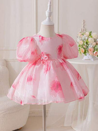 فساتين بيبي Glamorique Kids فستان طفلة رضيع وطفلة صغيرة مطبوع بالزهور الوردية، فستان حفلة طفلة صغيرة مع كشكش وأكمام قصيرة، فستان حفلة عيد ميلاد رسمي للطفلة