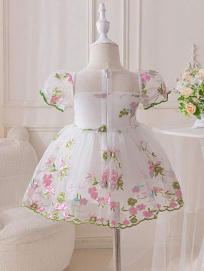 فساتين بيبي Glamorique Kids فستان نسائي للأطفال الرضع والصغار ذي أكمام منفوشة مطرز بزهور مناسب لربيع وصيف