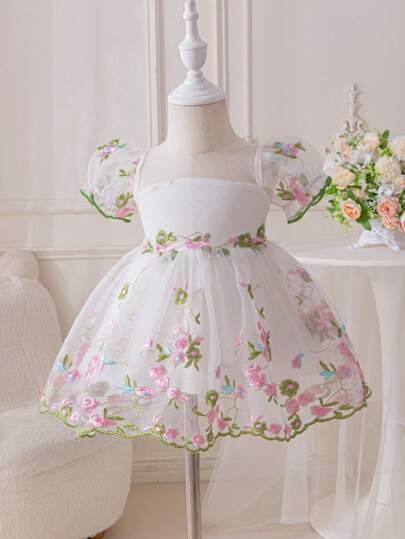 فساتين بيبي Glamorique Kids فستان نسائي للأطفال الرضع والصغار ذي أكمام منفوشة مطرز بزهور مناسب لربيع وصيف