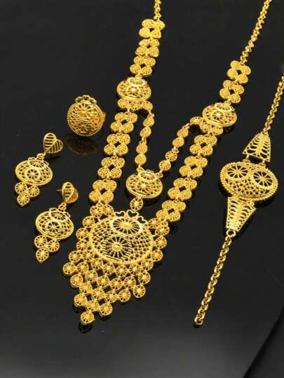 4 قطع مجموعة مجوهرات ذهبية اللون من سبيكة النحاس بدبي، تتكون من قلادة طويلة وأقراط بخصلة وخاتم، مناسبة للاستخدام اليومي أو الزفاف، إكسسوارات فاخرة للموضة في الشرق الأوسط نيجريا