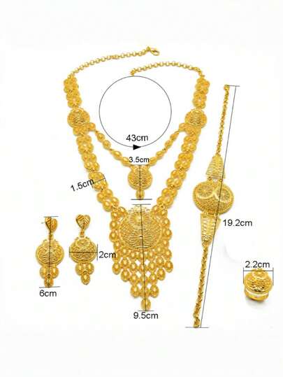 4 قطع مجموعة مجوهرات ذهبية اللون من سبيكة النحاس بدبي، تتكون من قلادة طويلة وأقراط بخصلة وخاتم، مناسبة للاستخدام اليومي أو الزفاف، إكسسوارات فاخرة للموضة في الشرق الأوسط نيجريا