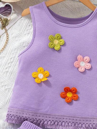 girls-sets مجموعة من 2 قطعة للفتيات توب بتطريز زهري ثلاثي الأبعاد مع حاشية من الرباطات و شورت واسع