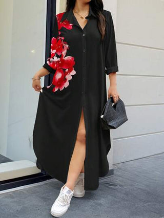 EMERY ROSE فستان ماكسي طويل الأكمام مطبوع عشوائيا للمرأة بمقاسات كبيرة