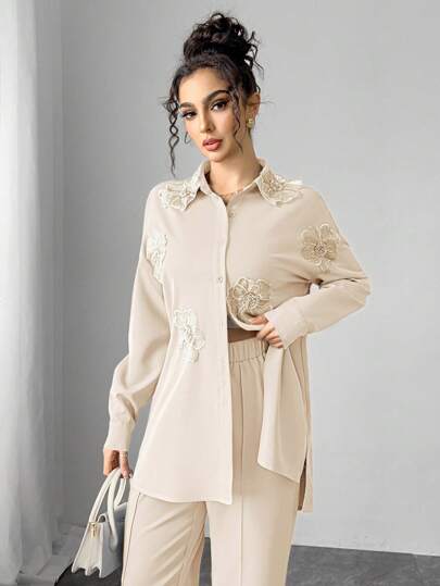 طقم حريمي قطعتين Modelyn العيد طقم امرأة أناقة 2 قطعة زهرة ثلاثية الأبعاد والبنطلون الطويل