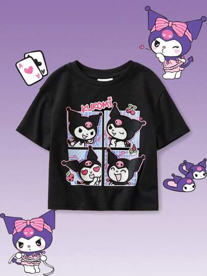 تيشيرتات بناتي HELLO KITTY AND FRIENDS |  بلوزة تي شيرت للأطفال البنات مطبوع عليها رسوم كرتونية جميلة بأكمام قصيرة باللون الأسود