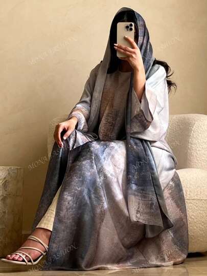 طقم تانكيني حريمي وشاح حجاب مطبوع بمناظر طبيعية أنيقة، طويل الأكمام ، أسلوب أوروبي وعربي للنساء