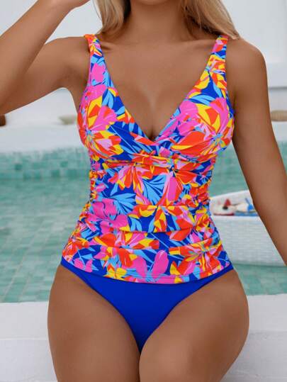 طقم تانكيني حريمي Swim Lushoire مجموعة قطعتين من ملابس السباحة للنساء مكونة من تانك توب بطبعات شاملة مع تكسيرات مموجة متقاطعة، مريح وكاجوال للعطلات والشاطئ