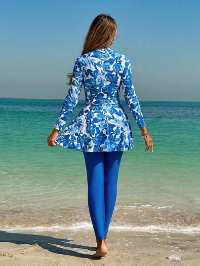 طقم تانكيني حريمي Swim Mulvari مجموعة ملابس سباحة نسائية تتكون من قطعتين، ملابس علوية ماكسي كاملة التغطية بأكمام طويلة وبطبعات زهور مع بنطال أحادي اللون بندقي