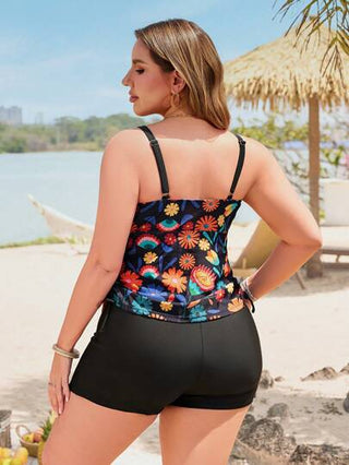 Swim Lushoire مجموعة بدلة سباحة ذات ملابس علوية تانكيني ذات طباعة استوائية مع جزء سفلي لقياسات كبيرة للنساء، قصة صدر على شكل V مفتوح، مجموعة مثيرة للعطلة الصيفية