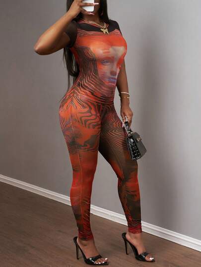 Slaydiva بدلة قصيرة الأكمام مشدودة للنساء موضة الصيف, بدلة نسائية بطباعة صورة جذابة للنوادي والحفلات والملابس اليومية