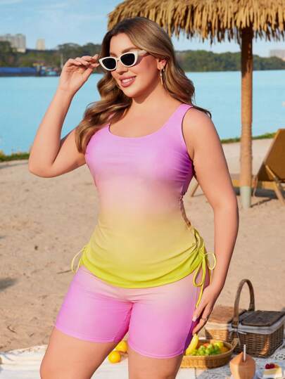 Swim Lushoire 2 قطعة/مجموعة ملابس علوية تنكيني قصير بدون أكمام بطباعة محبب وشورت لسيدات البدينات، ل- السباحة والأجازات الشاطئية الكاجوال