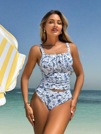 طقم تانكيني حريمي Swim Lushoire ملابس علوية نسائية بحمالات رفيعة وتصميم مجعد من الأمام، طقم قطعتين لملابس البحر والشاطئ ، مطبوع بتصميم أنيق ومجاميل