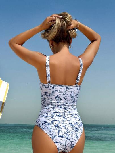 طقم تانكيني حريمي Swim Lushoire ملابس علوية نسائية بحمالات رفيعة وتصميم مجعد من الأمام، طقم قطعتين لملابس البحر والشاطئ ، مطبوع بتصميم أنيق ومجاميل