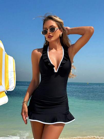 Swim Lushoire بيكيني من قطعتين للنساء ذو عنق مشدود، حول الرقبة، الجزء العلوي بذيل مموج وخصر متجعد، تنورة قصيرة أنيقة مناسبة للشاطئ