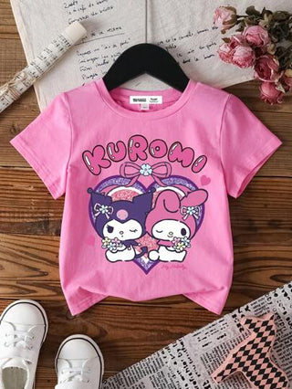 تيشيرتات بناتي HELLO KITTY AND FRIENDS |  بلايز كاجوال قصيرة الأكمام بياقة دائرية ذات نمط كرتوني لطيف للفتيات الصغيرات، لوردي، مريح، مناسب للربيع والصيف