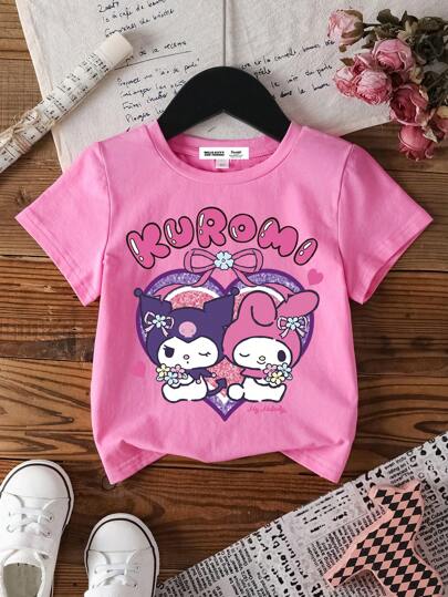 تيشيرتات بناتي HELLO KITTY AND FRIENDS |  بلايز كاجوال قصيرة الأكمام بياقة دائرية ذات نمط كرتوني لطيف للفتيات الصغيرات، لوردي، مريح، مناسب للربيع والصيف