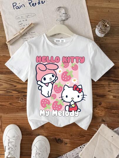 تيشيرتات بناتي HELLO KITTY AND FRIENDS |  تي شيرت تي شيرت فتاة مراهقة مريح ذو رقبة مستديرة وأكمام قصيرة بطبعات فراولة وردية كرتونية جميلة، للربيع والصيف