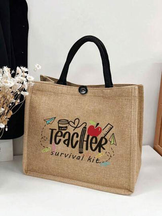 حقيبة يد كتان مطبوع عليها أبجدية "TEACHER"، حقيبة كبيرة مع حقيبة صغيرة، حقيبة تسوق ذات لون خاكي، هدية شكر للمدرس، حقيبة يد كتان كبيرة السعة للنساء. إنها حقيبة تخزين كاجوال محمولة مع تصميم مبتكر وسعة كبيرة